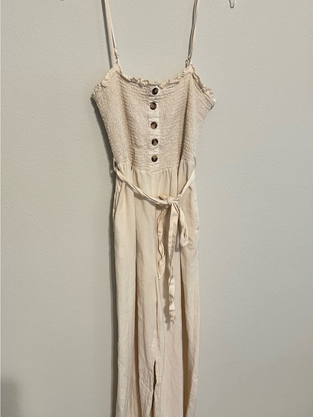 Venus Cream Smocked Button-Front Linen jumpsuit with Tie Waist
